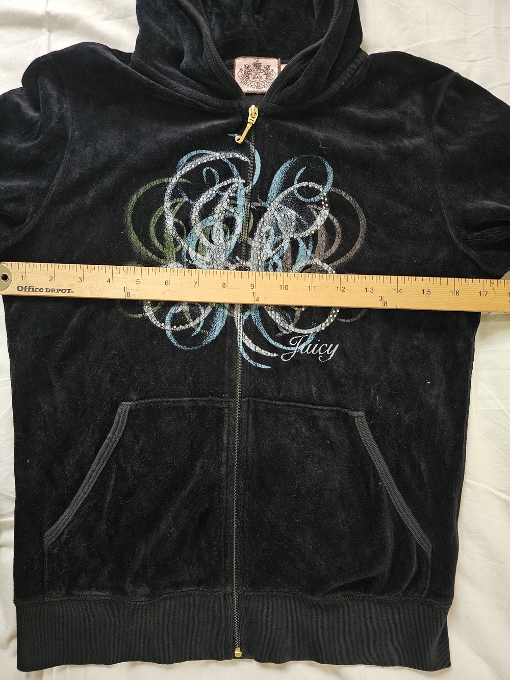 Juicy Couture Y2K Black Velour Zip-Up Hoodie with Multicolor Swirl Embellish - Picture 2 of 7